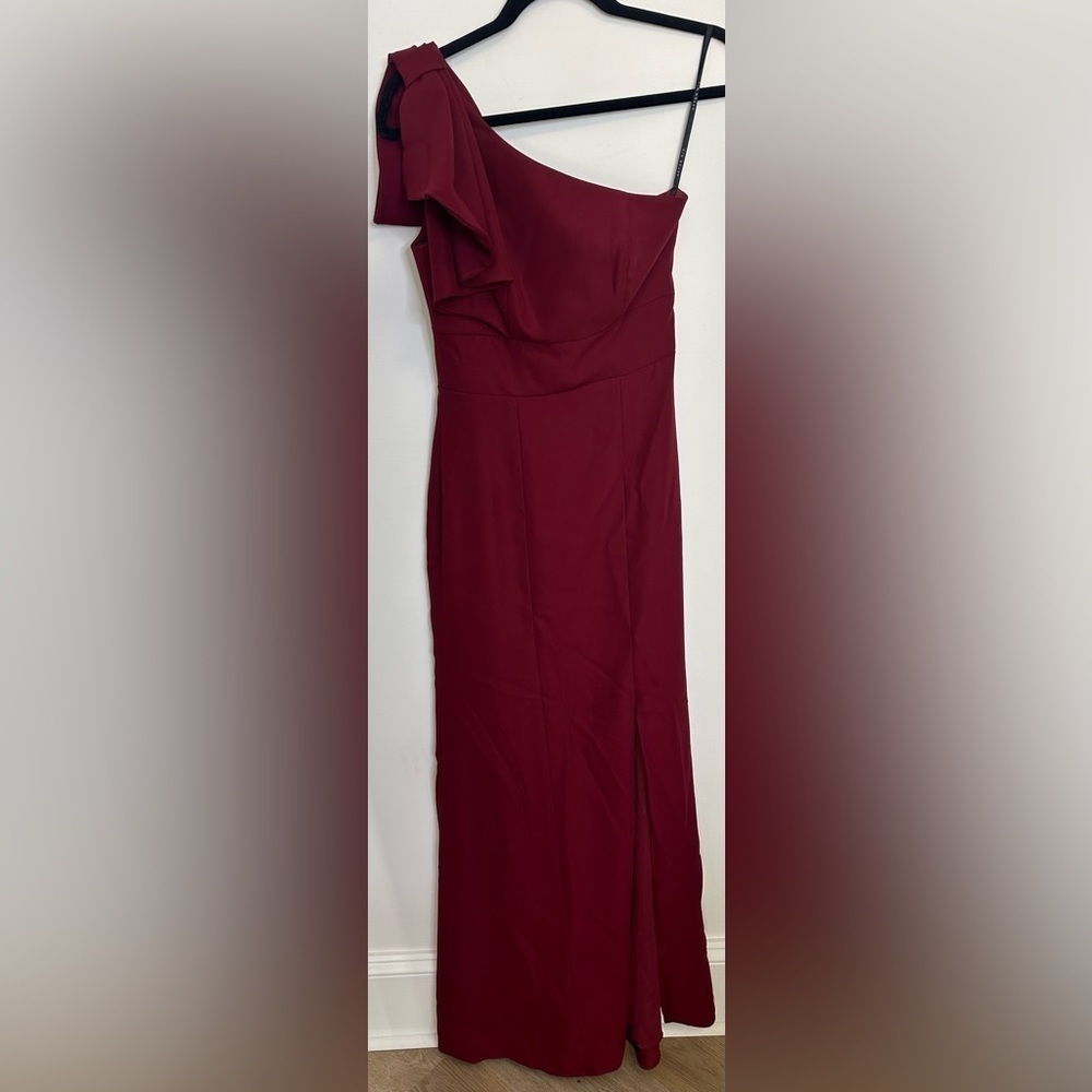 After Six Burgundy Bow One Shoulder Gown - Picture 3 of 8
